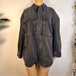 Madewell Oversized Denim Cargo Shirt Jacket Sz M Shacket Washed Lunar Black